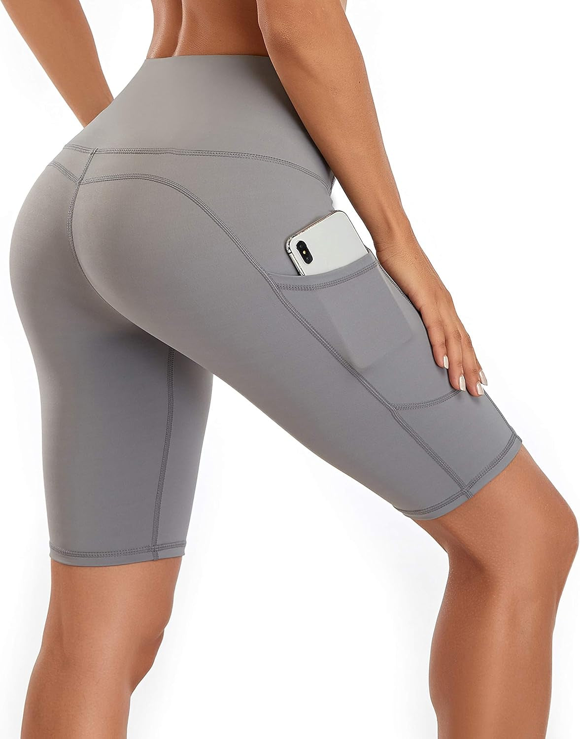High Waist Light Grey Women's Workout Shorts with Side Pockets - Perfect for Yoga and Running (XS)