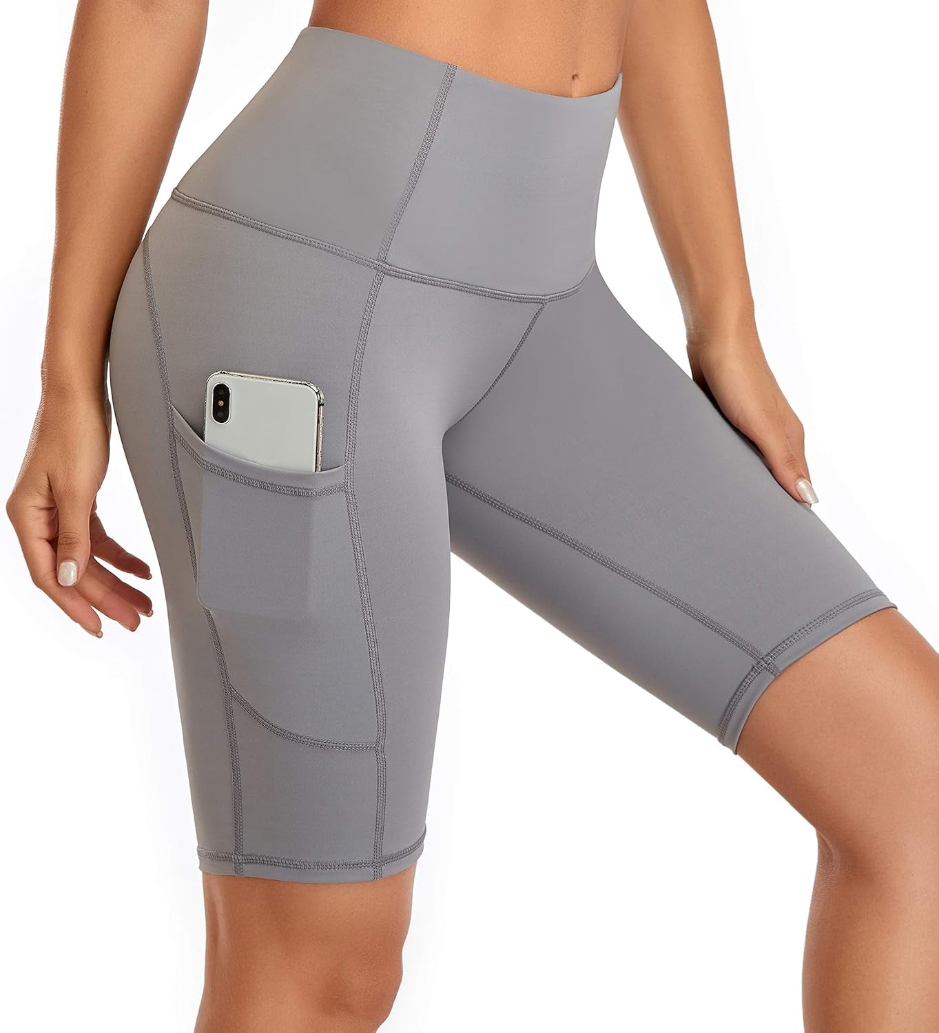 High Waist Light Grey Women's Workout Shorts with Side Pockets - Perfect for Yoga and Running (XS)