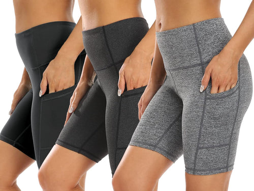 3-Pack High Waist Athletic Shorts with Out-Pocket Design - 8"/5" Tummy Control Non-See-Through Yoga and Running Shorts
