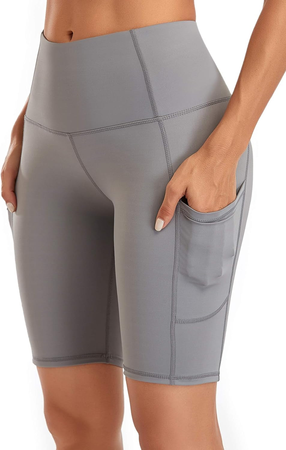 High Waist Light Grey Women's Workout Shorts with Side Pockets - Perfect for Yoga and Running (XS)